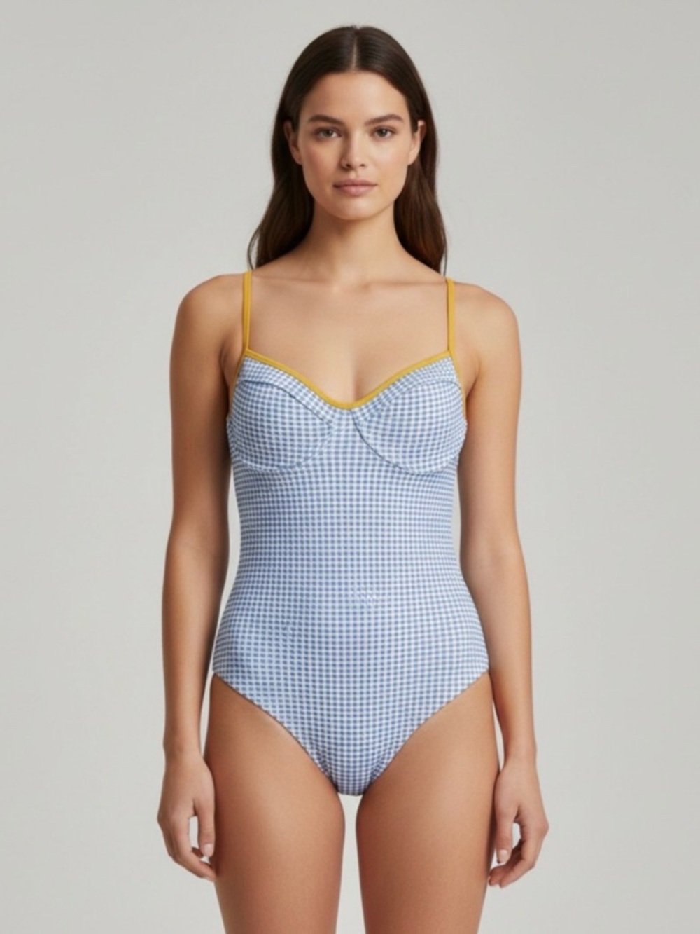 TULAROSA Blue Gingham One-Piece Swimsuit with Yellow Trim